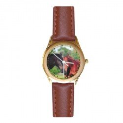 Montre cheval noir - dorée bracelet marron